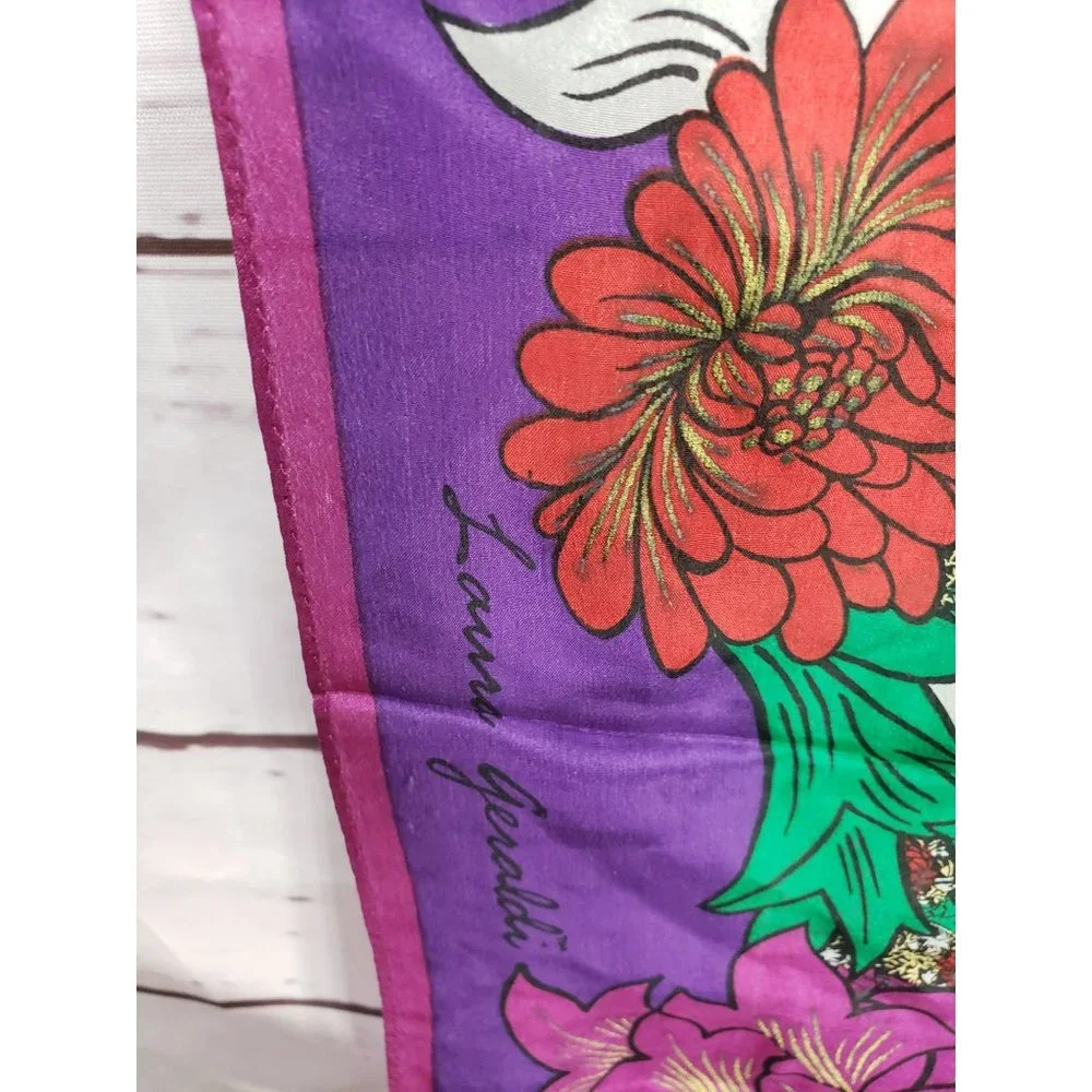 Vintage Laura Geraldi Womens Scarf Rectangular‎ Purple Red Floral Silk